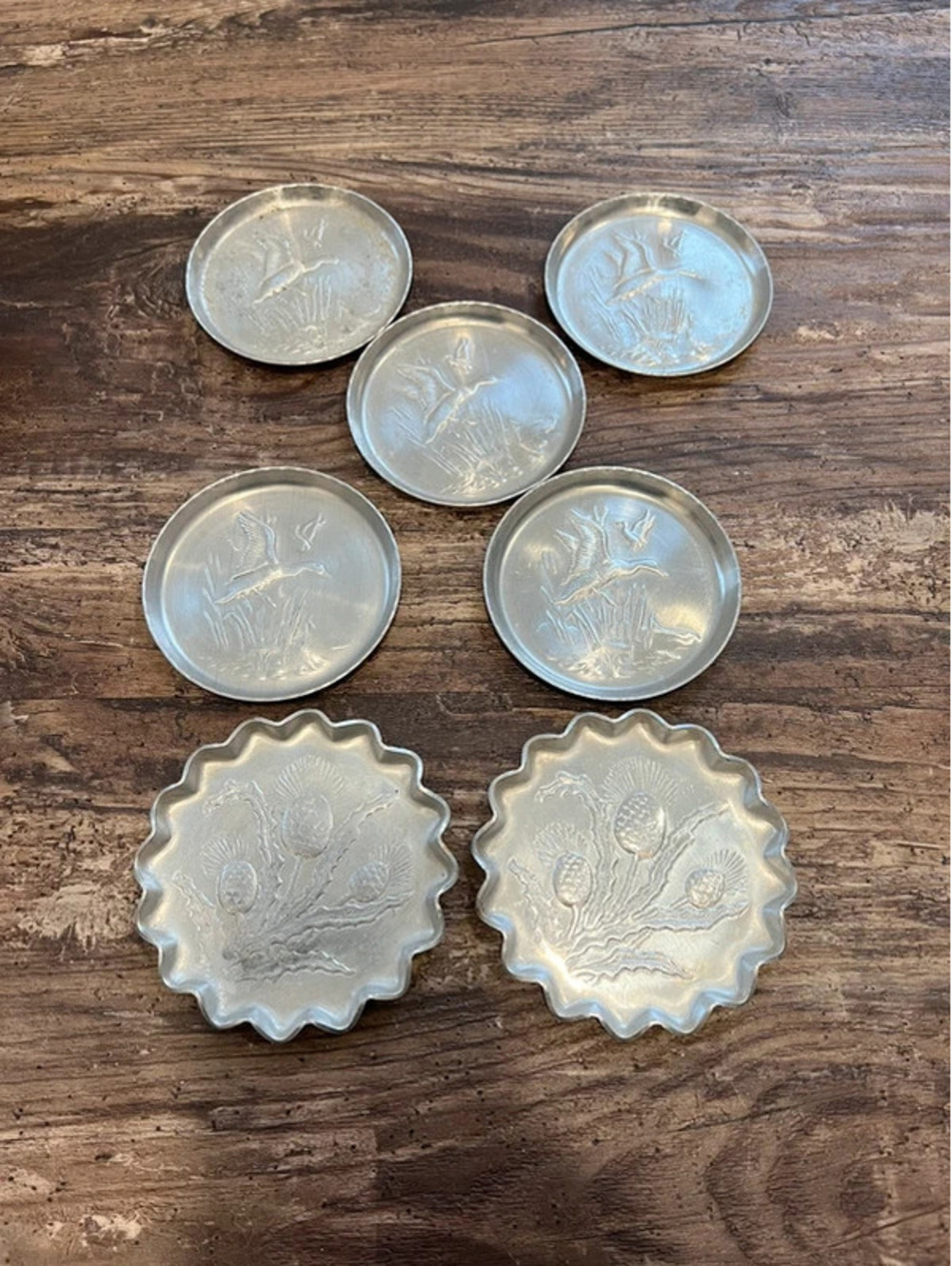 Vintage Aluminum Coasters Lot 7 Embossed Ducks Thistle MCM Cabin Lodge Barware